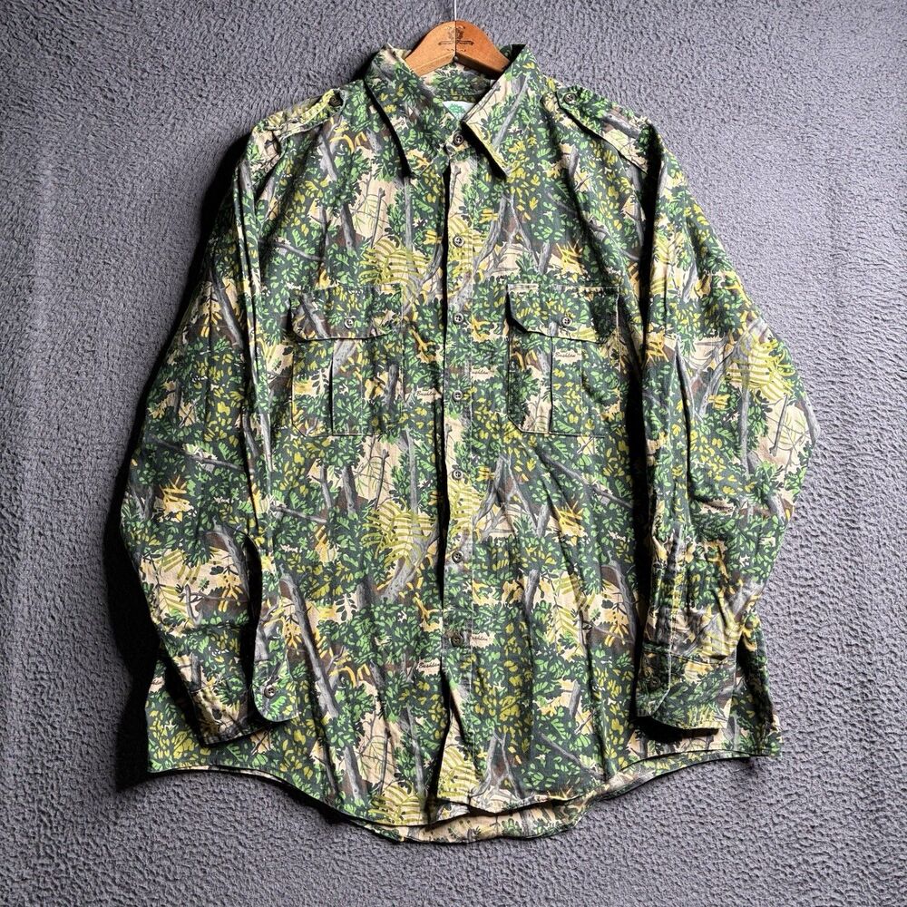 Vintage Bushlan Tree Camo Shirt Mens 2XL Safari Button Up Made In USA 80s